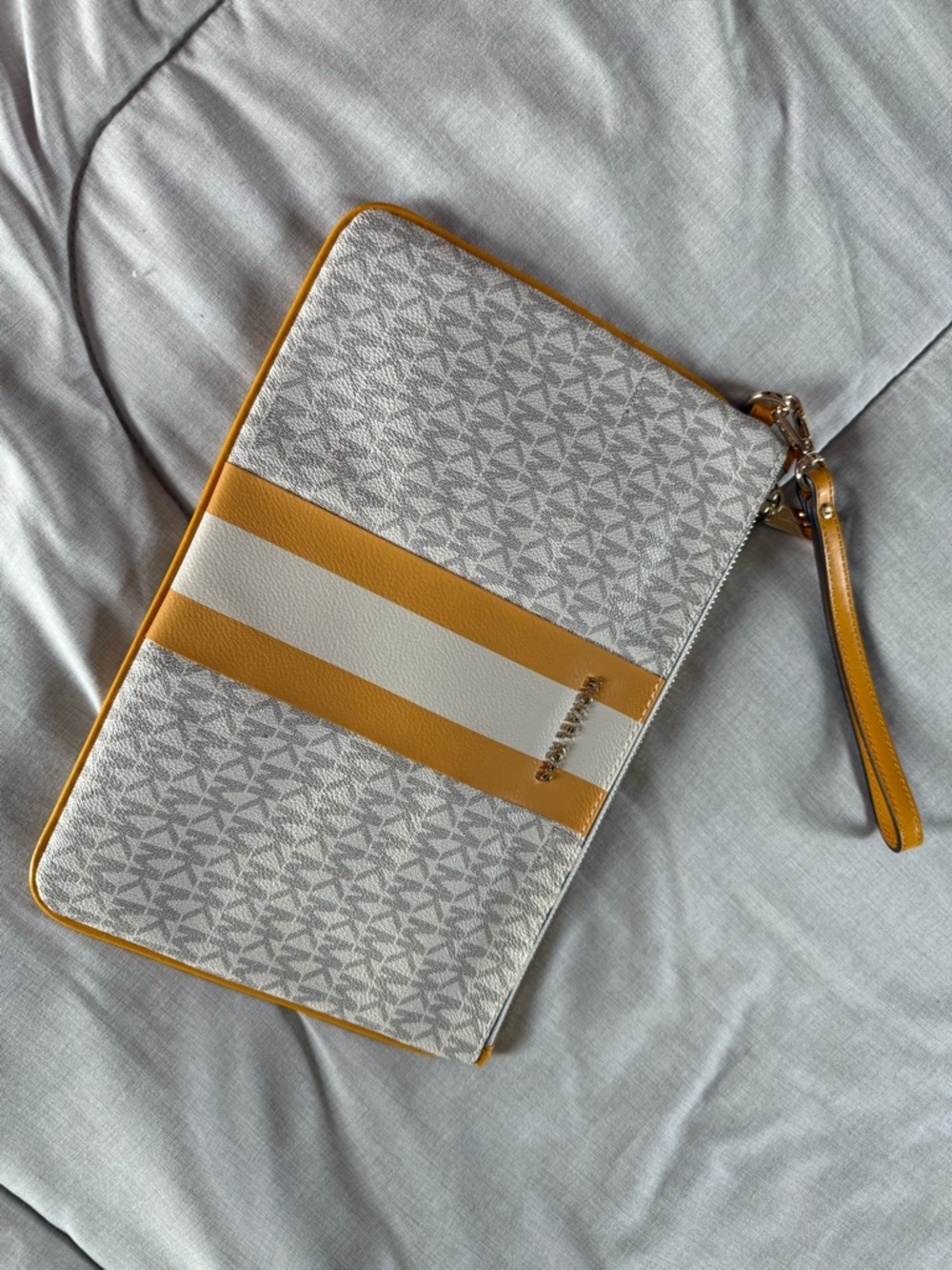 Michael Kors White and Mustard Stripe Signature Wristlet
